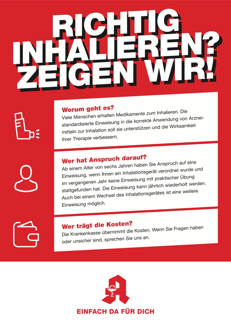 Richtig inhalieren – Einweisung und Beratung in der Apotheke Informationsgrafik zur richtigen Inhalation mit Hinweisen zu Anwendung, Anspruch und Kostenübernahme durch die Krankenkasse.