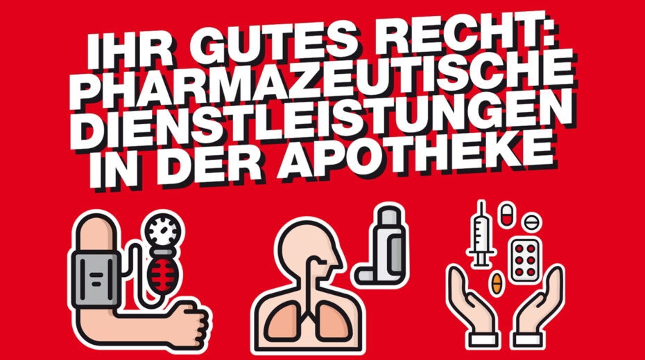 Pharmazeutische Dienstleistungen in der Apotheke Grafik mit Symbolen zu pharmazeutischen Dienstleistungen wie Blutdruckmessung, Inhalation und Medikamentenberatung.