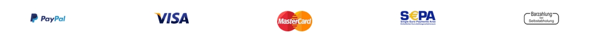 Darstellung der Logos der 4 akzeptierten Zahlungsweisen Barzahlung, Paypal, SEPA-Überweisung und MasterCard